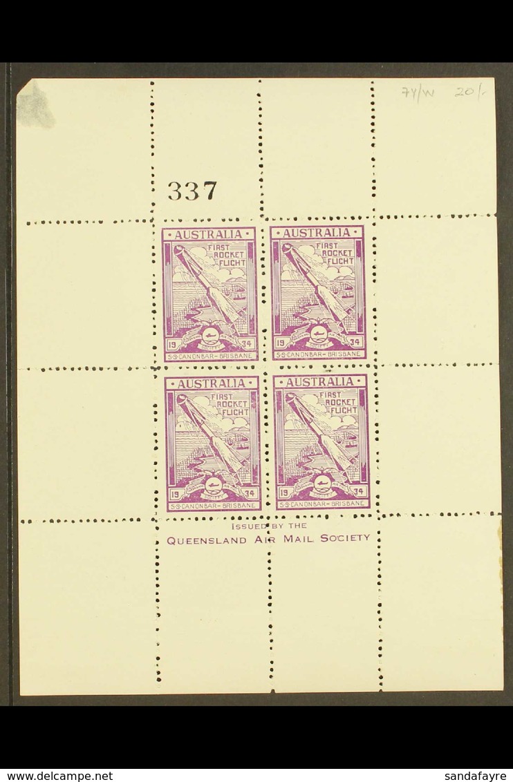 ROCKET MAIL 1934 Sheetlet Of Four, Ellington Zwisler 1A1a, Mint With Corner Thin & Small Fault. Rare Item (1 Sheetlet) F - Autres & Non Classés