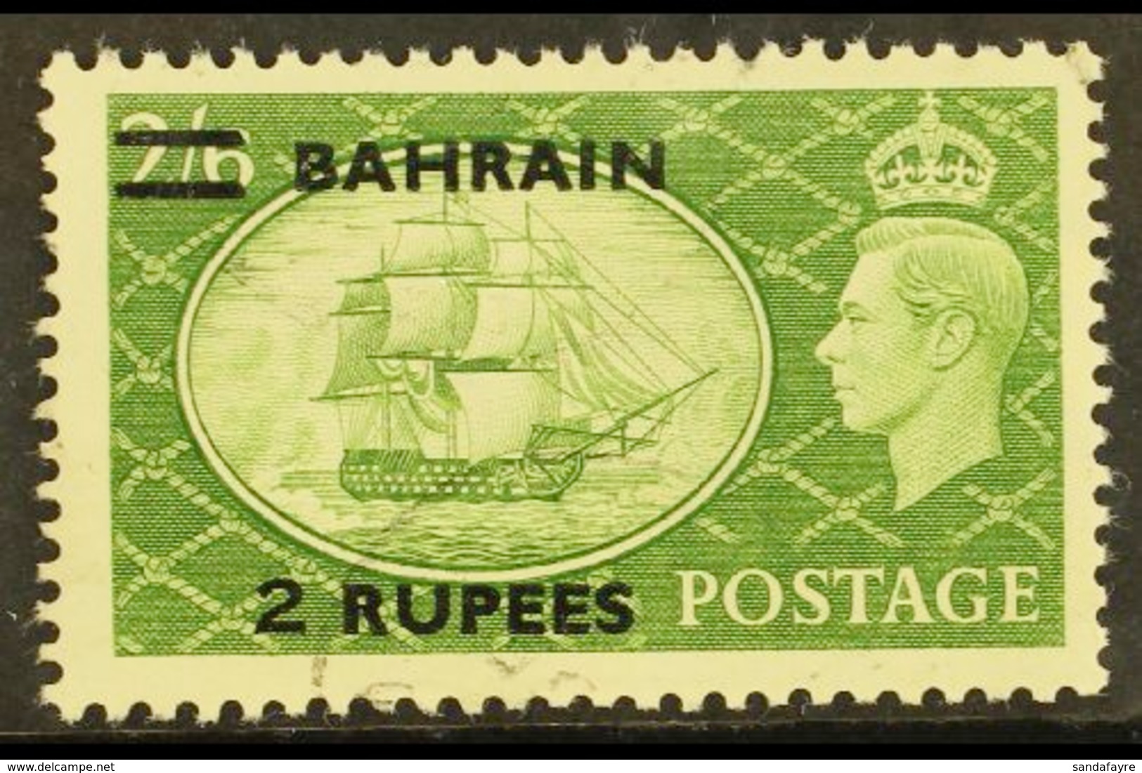 1950 2r On 2s 6d Yellow Green, Surcharge Type III, SG 77b, Very Fine Used. Elusive Stamp. For More Images, Please Visit  - Bahrain (...-1965)
