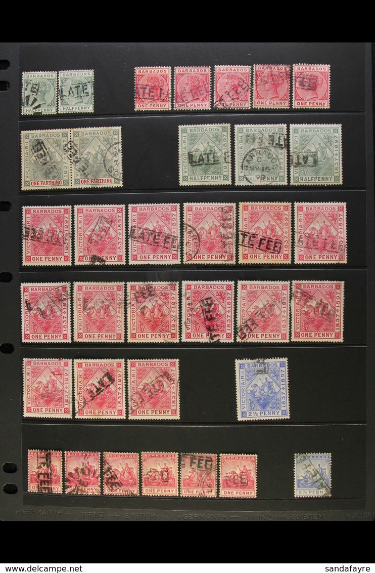 1882-1897 LATE FEE POSTMARKS. An Unusual Collection Of Used Stamps On A Stock Page, All With Boxed "LATE FEE" Postmarks. - Barbades (...-1966)