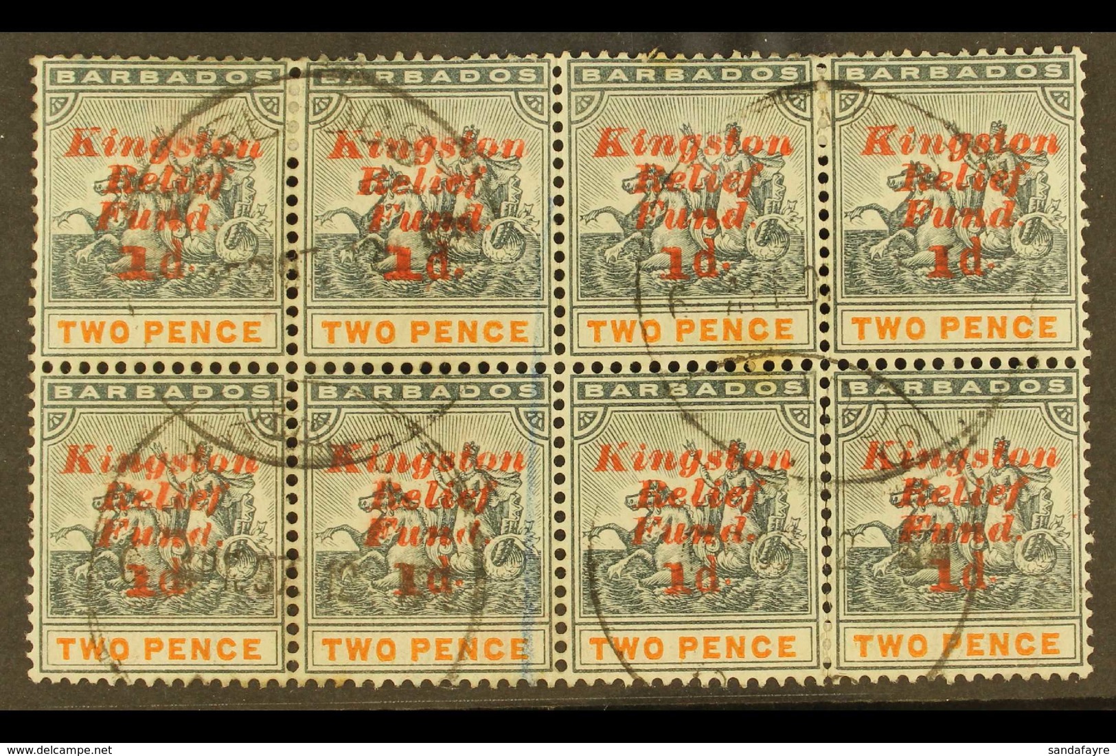 1907 KINGSTON RELIEF FUND 1d On 2d Upright Surcharge, SG 153, Fine Used Block Of Eight (4 X 2) For More Images, Please V - Barbades (...-1966)