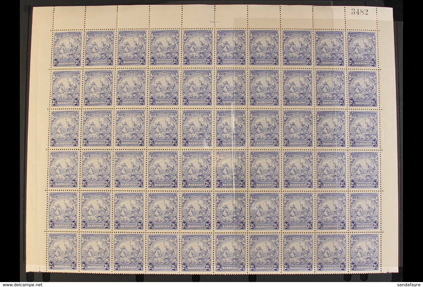 1938-47 2½d Ultramarine (SG 251) - A Never Hinged Mint COMPLETE SHEET With Full Margins, Includes Three "Mark On Central - Barbades (...-1966)