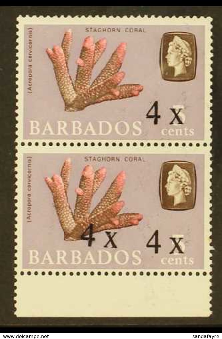 1970 4c On 5c Coral, Lower Marginal Vertical Pair, The Lower Stamp With Surcharge Double, SG 398c, Fine Never Hinged Min - Barbades (...-1966)