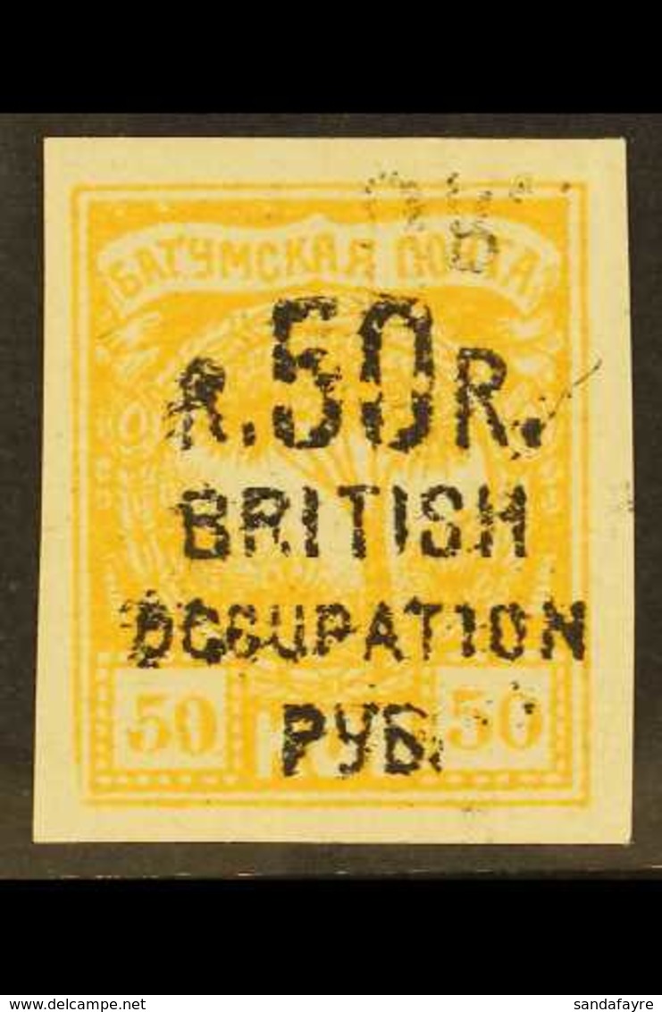 1920 (Apr) 50r On 50k Yellow With "50" Cut, Additionally Displays A Weak Inverted & Reversed Surcharge Offset Impression - Batum (1919-1920)