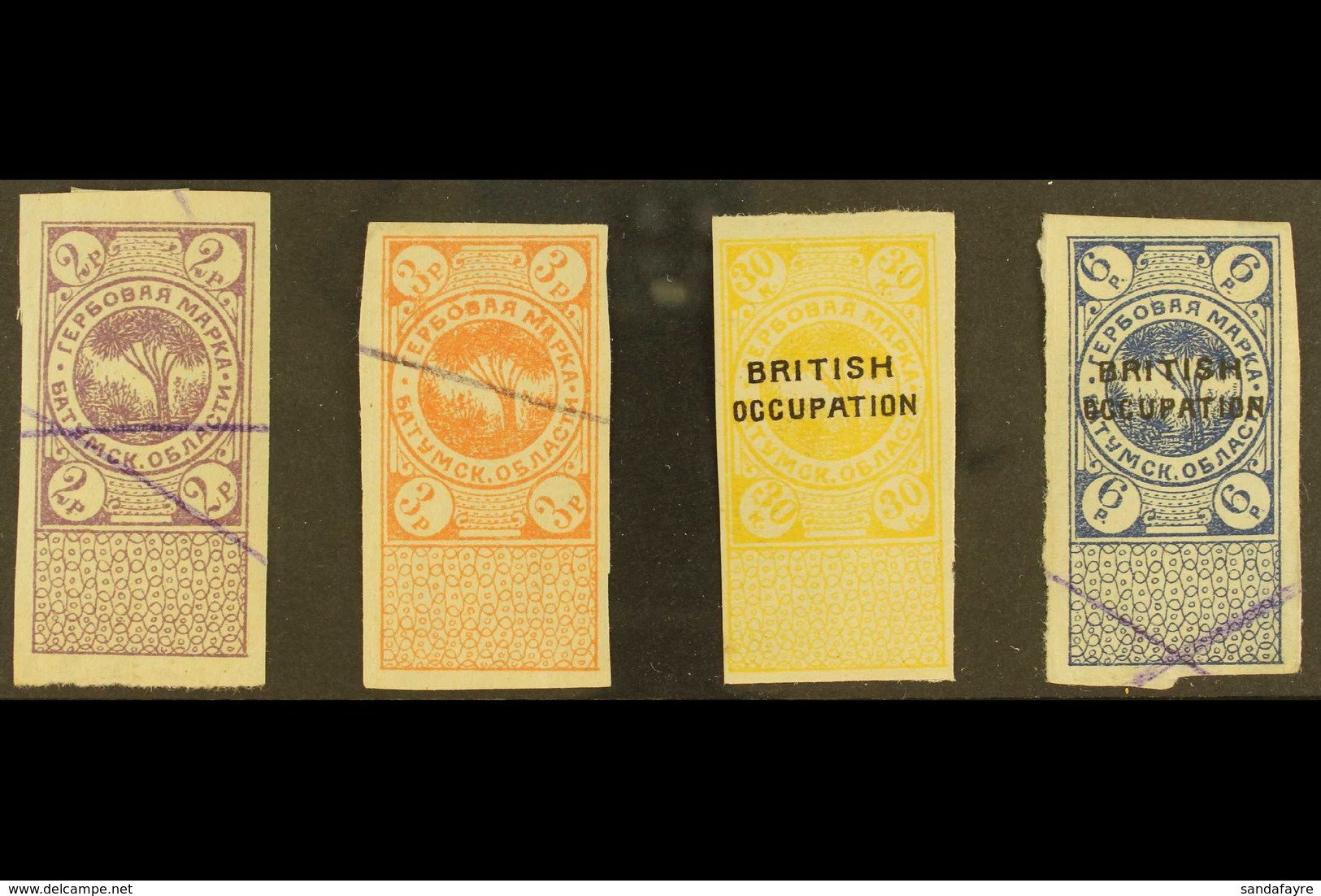 REVENUES 1918 2r Purple & 3r Orange, 1918 Overprinted 30k Yellow & 6r Blue, Barefoot 3/4, 8 & 11, Used With Violet Pen S - Batum (1919-1920)