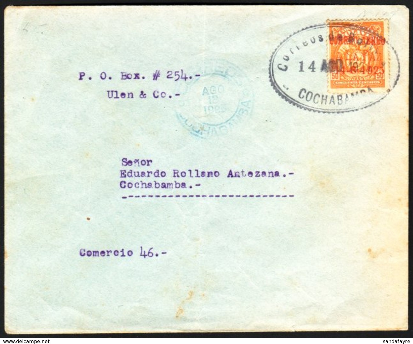 1925 AIRMAIL (14 Aug) La Paz To Cochabamba, Envelope Bearing 50c Orange With "Correo Aereo A La Paz 14-8-1925" Overprint - Bolivie