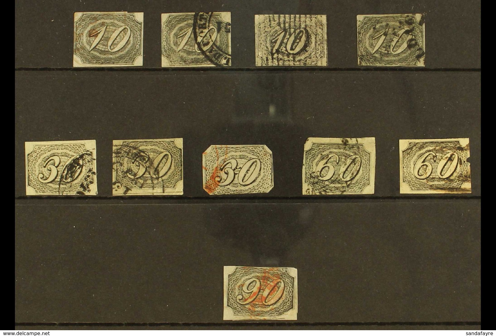 1844-46 Used Group With 10r 4, 30r X3, 60r X2, And 90r, Scott 7/10, Some With Faults, But Several With Four Margins. (10 - Andere & Zonder Classificatie