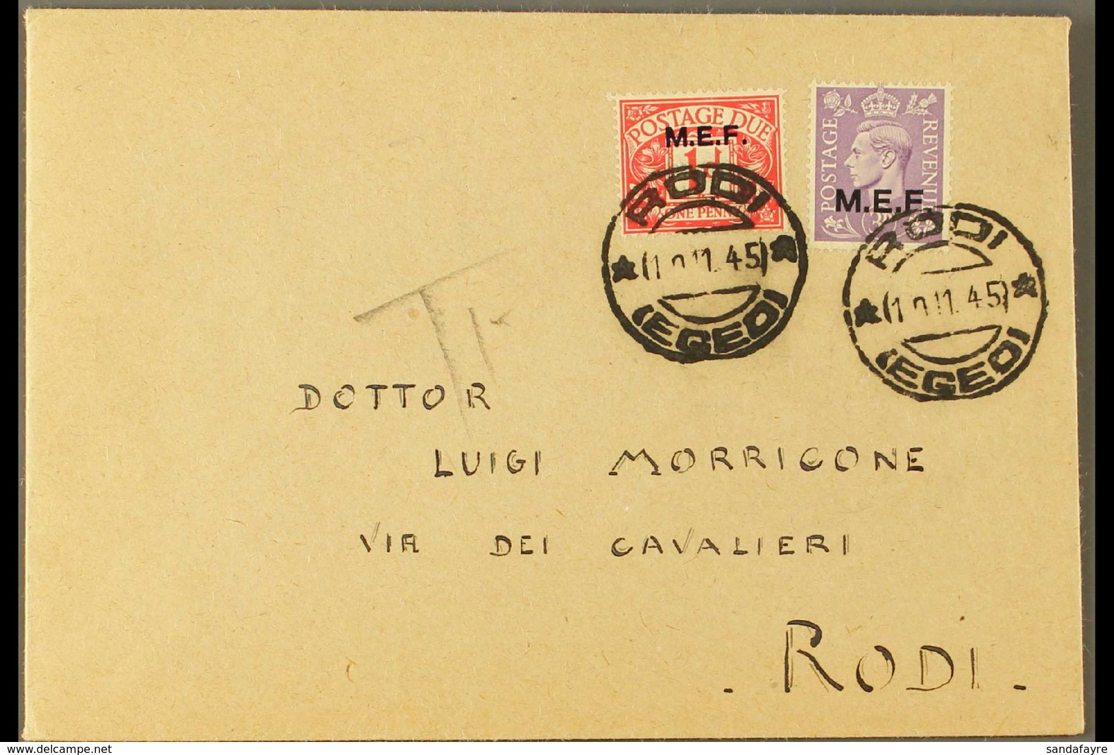M.E.F. 1945, Two Attractive Envelopes, Each Bearing Postage Due 1d (one In Combination With Postage 3d), Tied Symi/Dodec - Italiaans Oost-Afrika