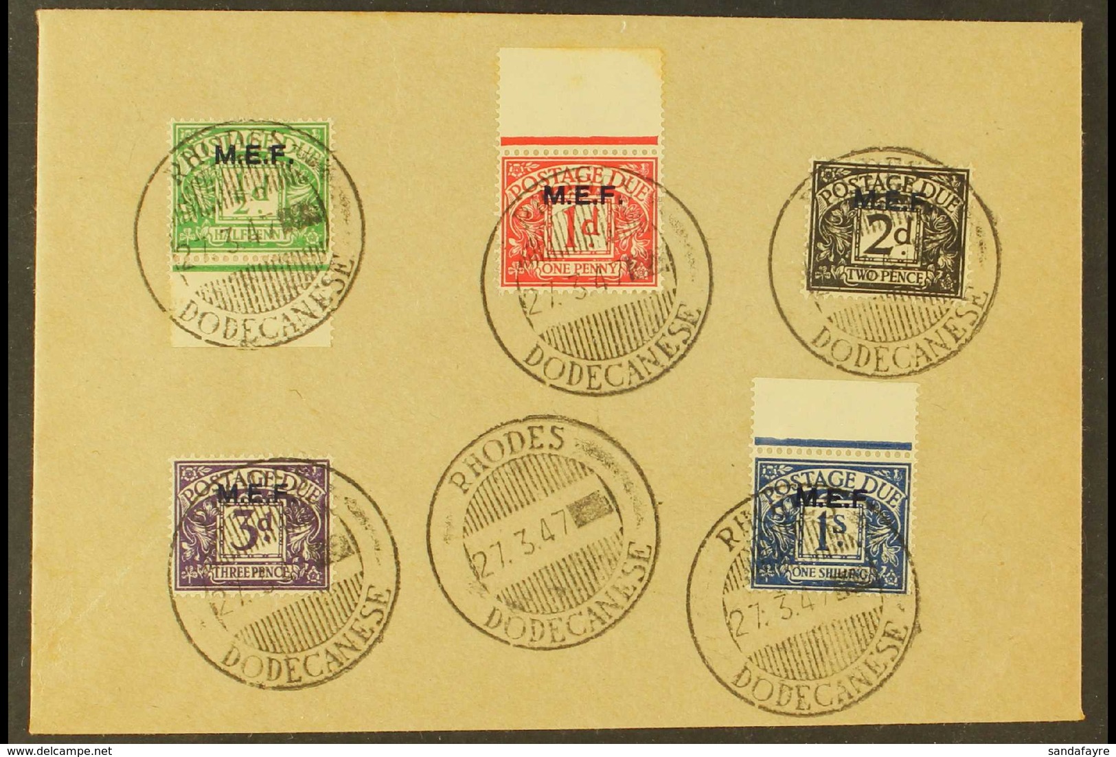 POSTAGE DUES 1942 "M.E.F." Overprints Complete Set (SG D1/5) On Unaddressed Philatelic Cover Tied By Superb "Rhodes / Do - Italiaans Oost-Afrika