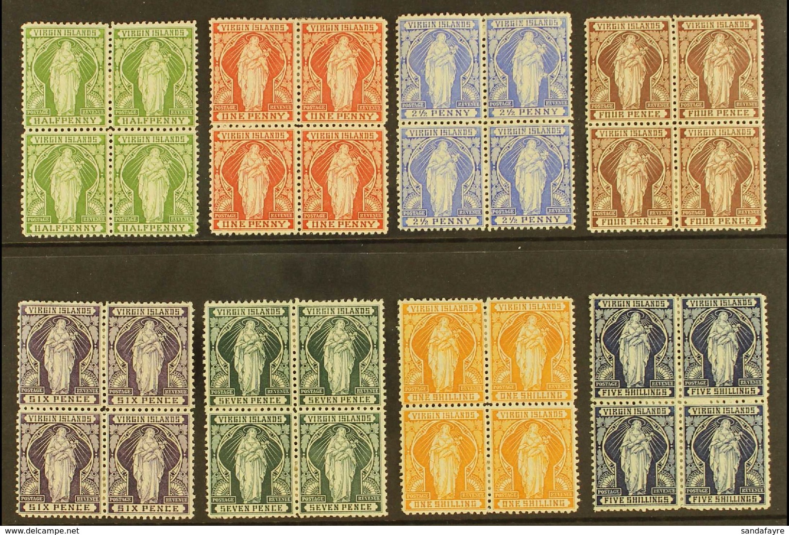 1899 "St. Ursula" Complete Definitive Set Of Eight, SG 43/50, As Mint BLOCKS OF FOUR, Lovely Fresh Colours. (8 Blocks, 3 - Britse Maagdeneilanden
