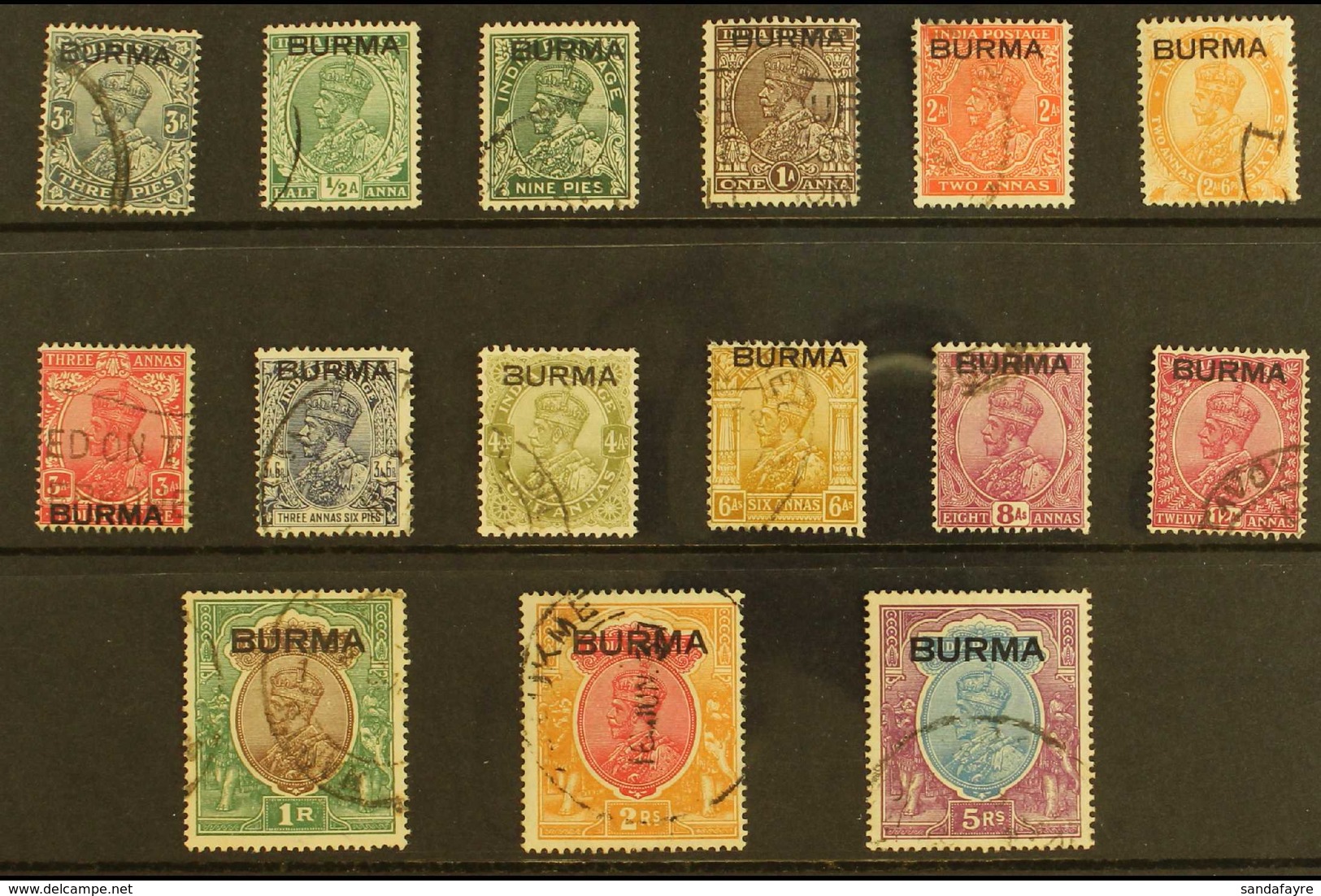 1937 India KGV Overprinted Set To 5R, SG 1/15, Fine Used. (15 Stamps) For More Images, Please Visit Http://www.sandafayr - Birma (...-1947)