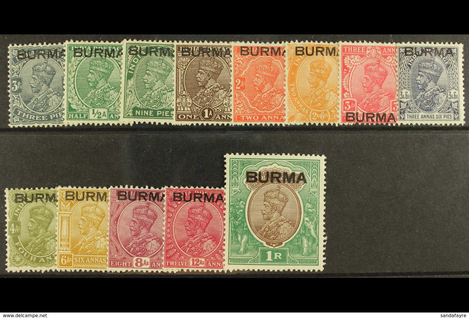 193760 Overprints Set To 1r, SG 1/13, Fine Mint. (13) For More Images, Please Visit Http://www.sandafayre.com/itemdetail - Birma (...-1947)