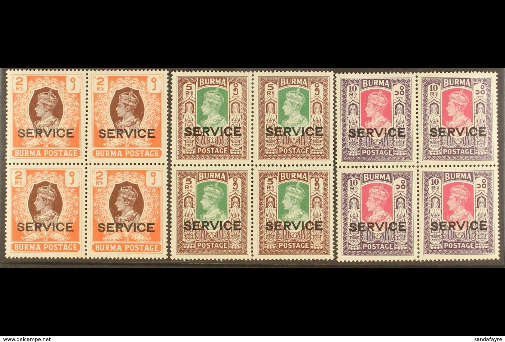 OFFICIAL 1946 2r, 5r, And 10r With "SERVICE" Overprints, SG O38/O40, With Each As Superb Never Hinged Mint BLOCKS OF FOU - Birma (...-1947)