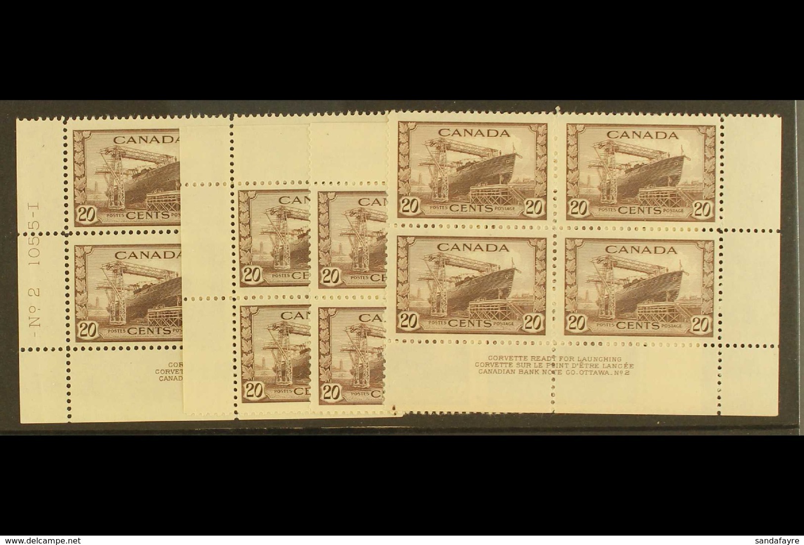 1942 20c Chocolate War Effort, SG 386, Uni 260, Plate No 2, All 4 Corner Blocks Of 4, Superb NHM. (4 Blocks) For More Im - Sonstige & Ohne Zuordnung