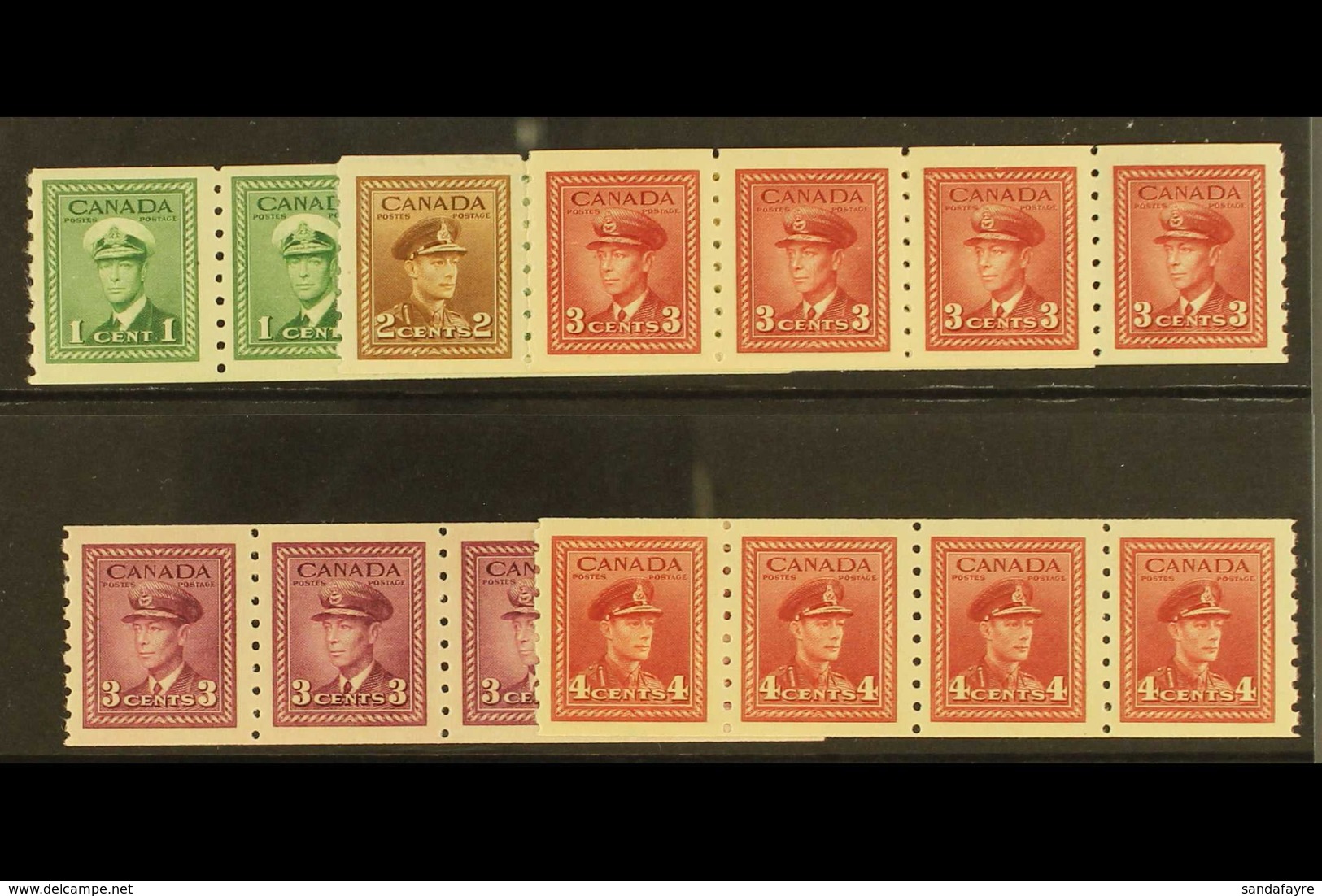 1942/3 1c - 4c War Effort Coil Strips Of 4, Imperf X Perf 8, Uni 263/7 (SG 389/93), Superb Never Hinged Mint. (5 Strips) - Andere & Zonder Classificatie