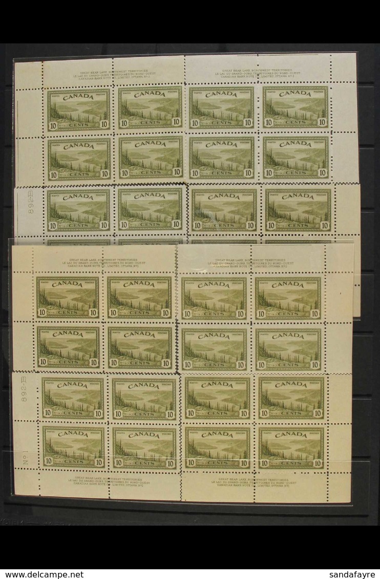 1946 10c Olive Green, Great Bear Lake, SG 402, Plates 1 & 2, Imprint Corner Blocks For All 4 Corners, Very Fine Mint. (8 - Other & Unclassified