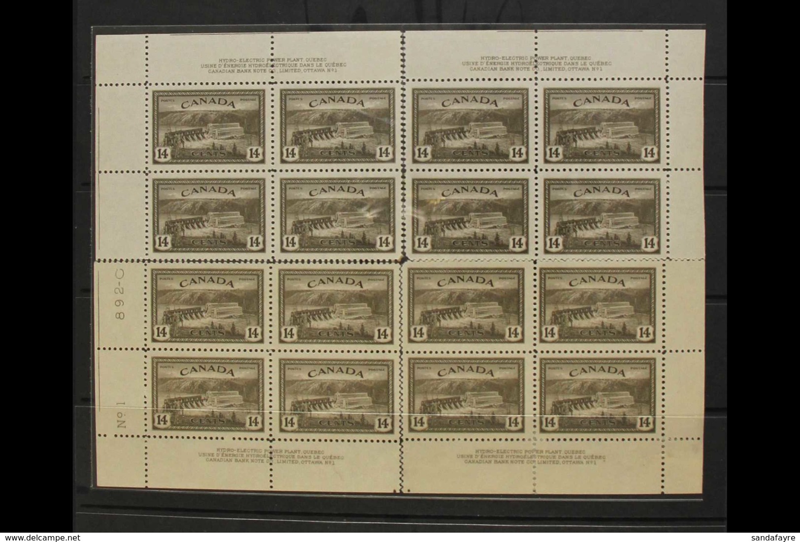 1946 14c Sepia, Power Station, SG 403, Plate 1, Corner Inscription Blocks For All 4 Corners, Very Fine NHM. (4 Blocks) F - Andere & Zonder Classificatie