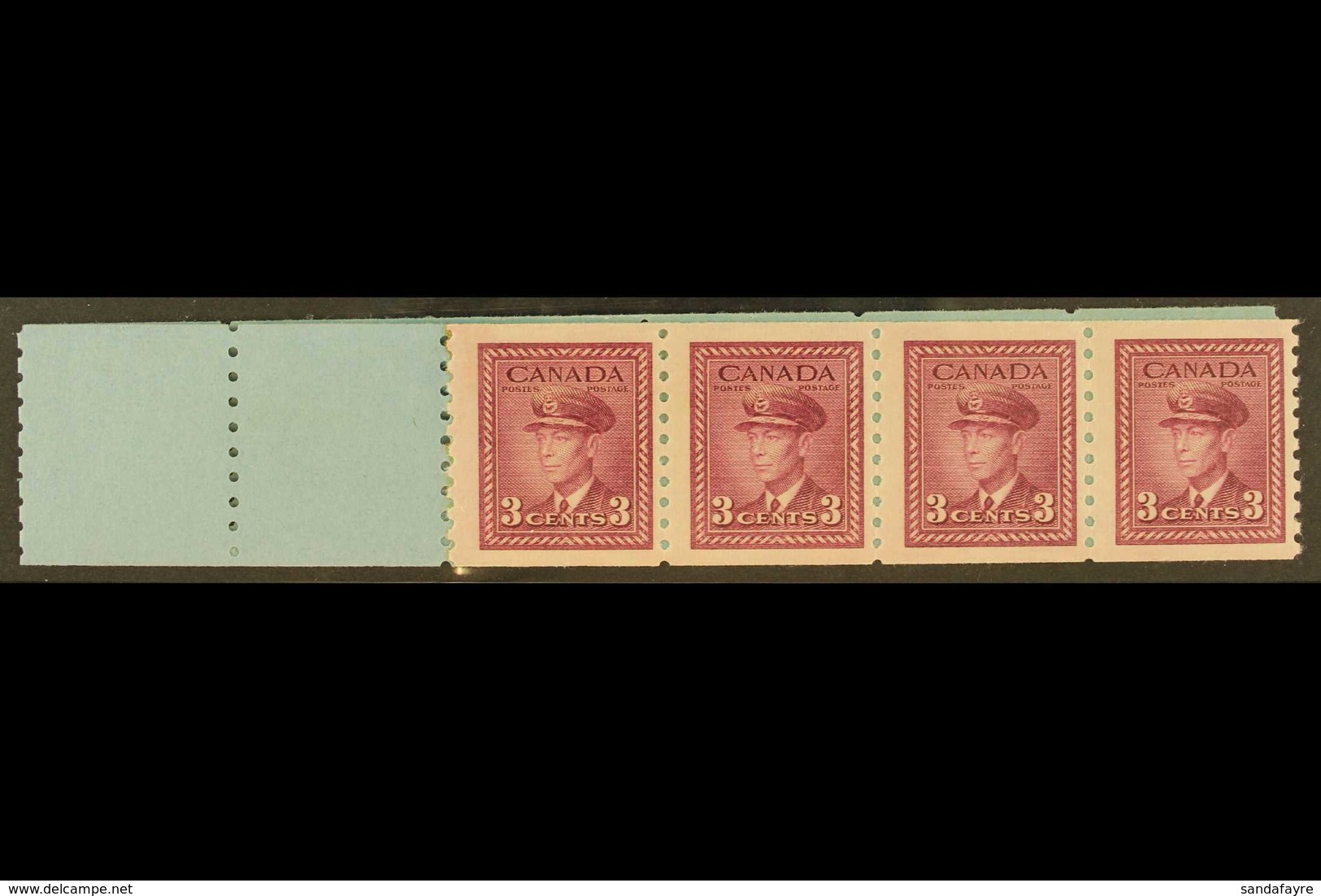 1948 3c Purple Coil Leader Strip Of 4, Imperf X Perf 9½, Uni 280, Very Fine Mint, 3 Stamps NHM. For More Images, Please  - Otros & Sin Clasificación