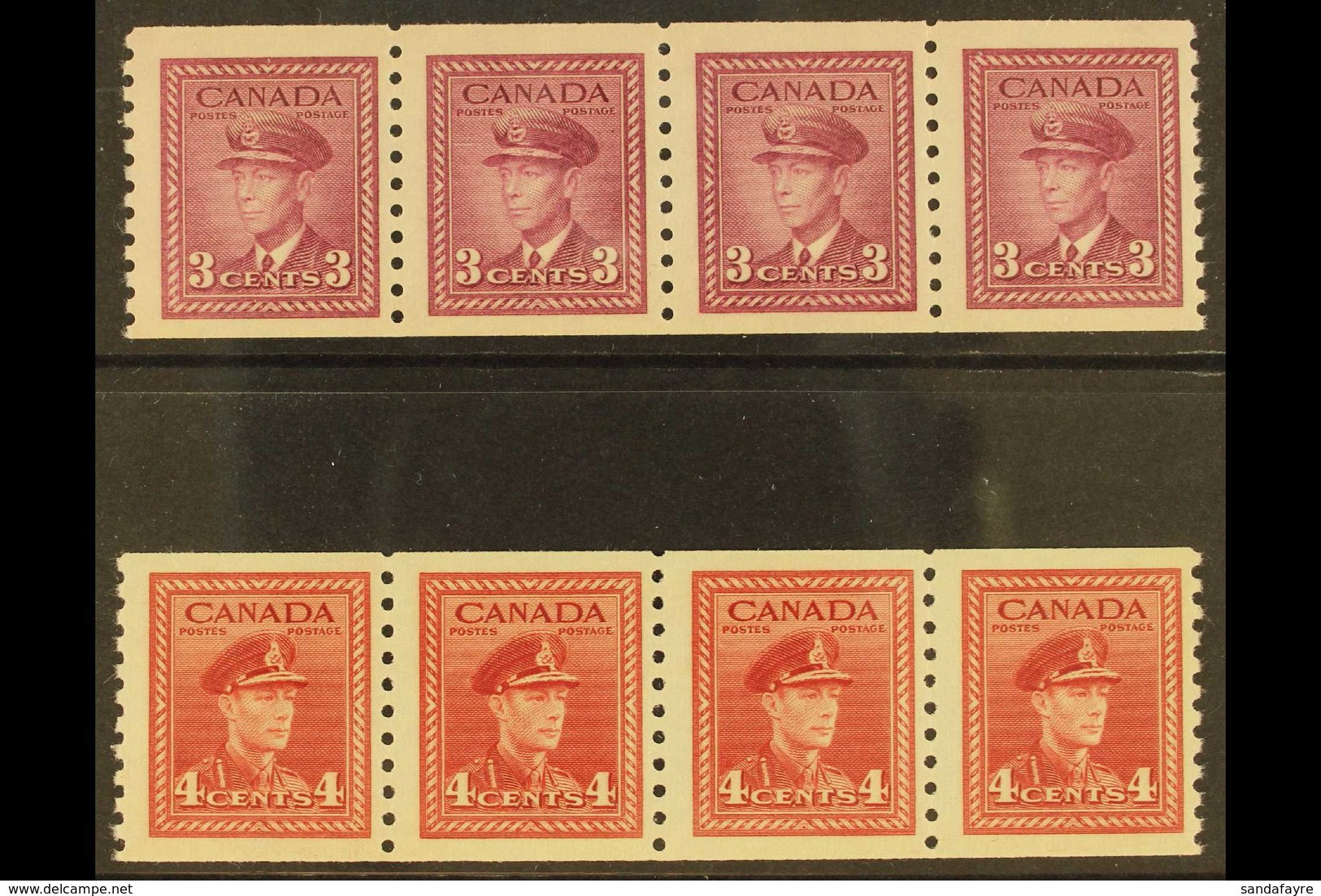 1948 3c Rose Violet And 4c Dark Carmine War Effort Coil "Jump" Strips Of 4, Imperf X Perf 9½, Uni 280i/281i, Very Fine N - Other & Unclassified