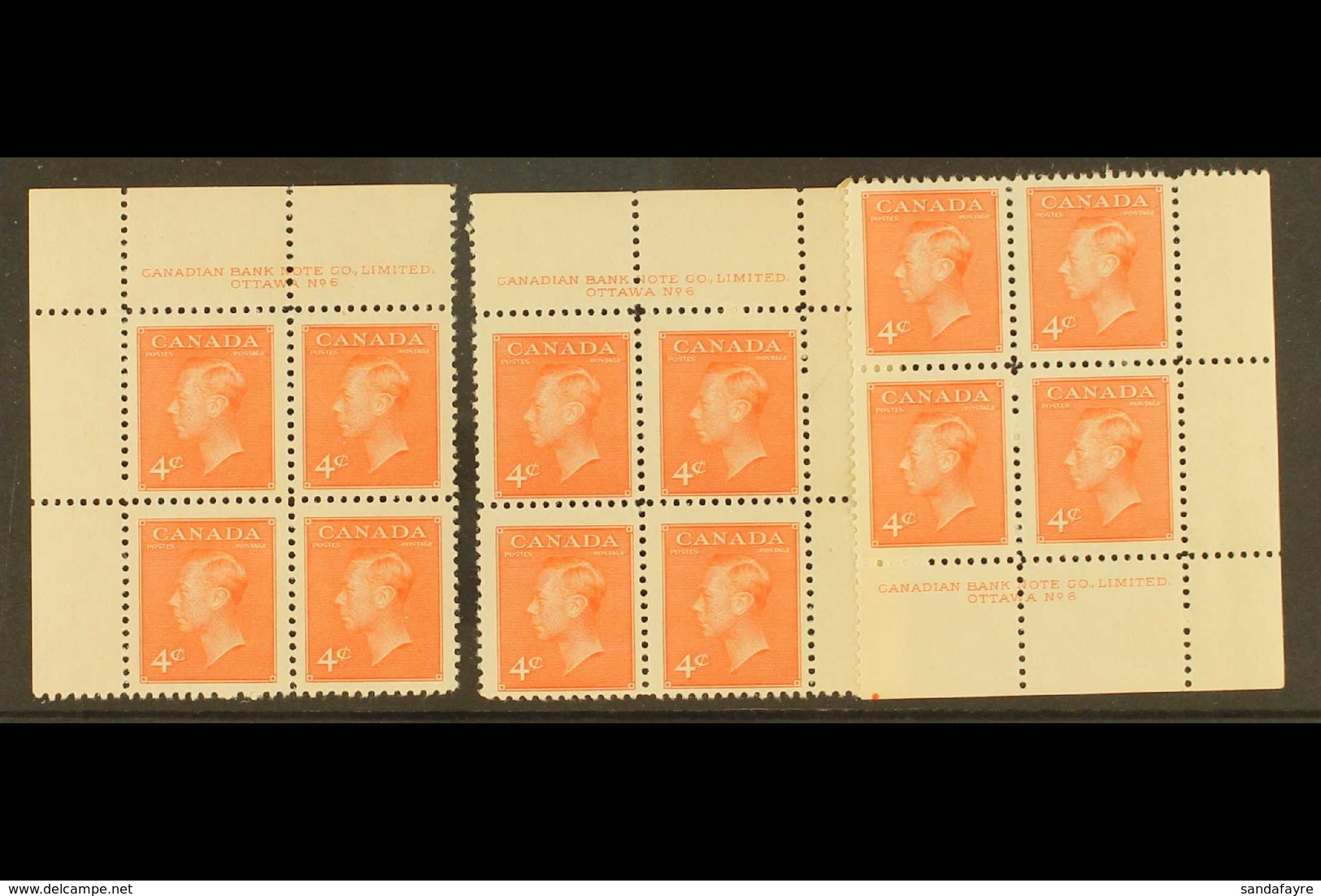 1949 4c Vermilion Geo VI, SG 417b, Uni 306, Scarce Plate No 6, As Upper Left, Upper Right And Lower Right Corner Blocks  - Sonstige & Ohne Zuordnung