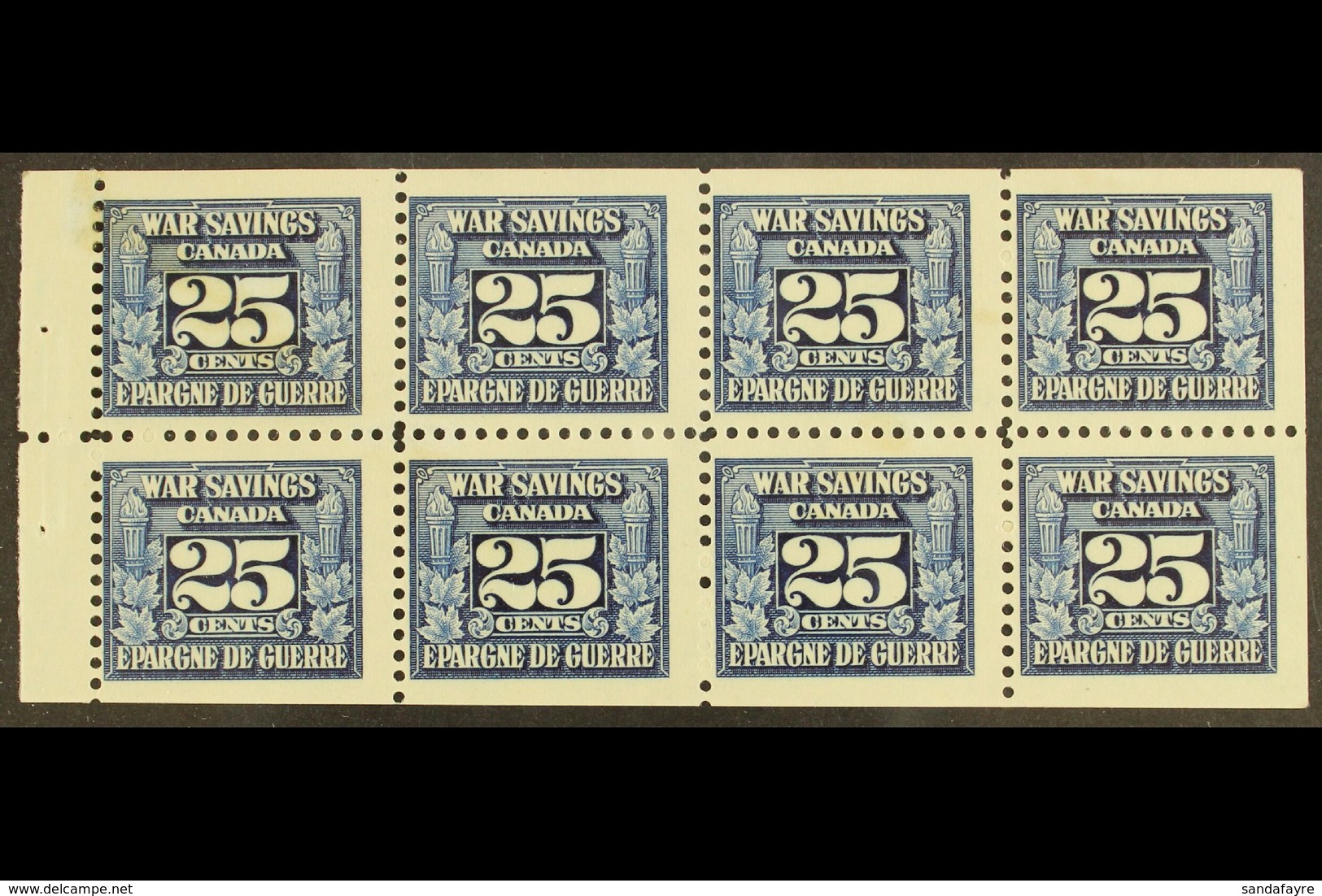 REVENUE STAMPS WAR SAVINGS 1940-41 25c Blue, White Gum, Complete Pane Of 8, Van Dam FWS5c, Never Hinged Mint, A Few Mark - Andere & Zonder Classificatie