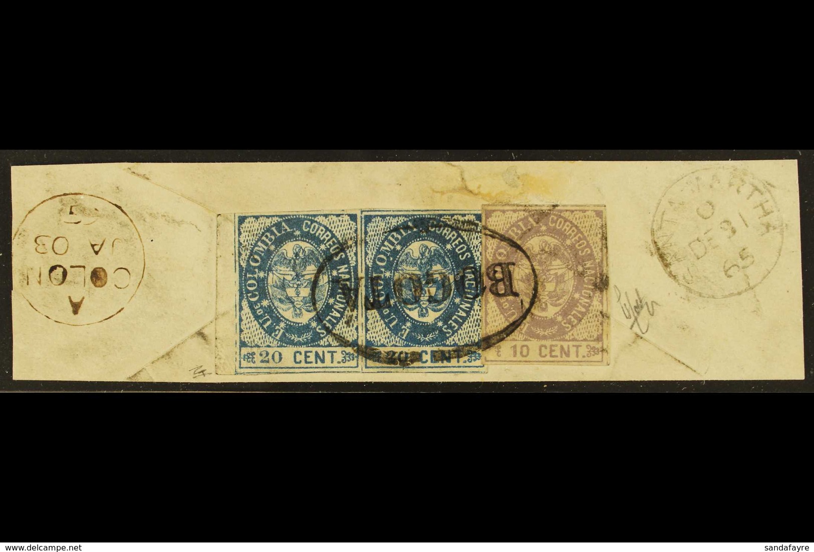 1865 10c Violet & 20c Blue Horizontal Pair (Scott 38/39) Tied Together On Large Piece / Cover Fragment By Full Oval "BOG - Colombia