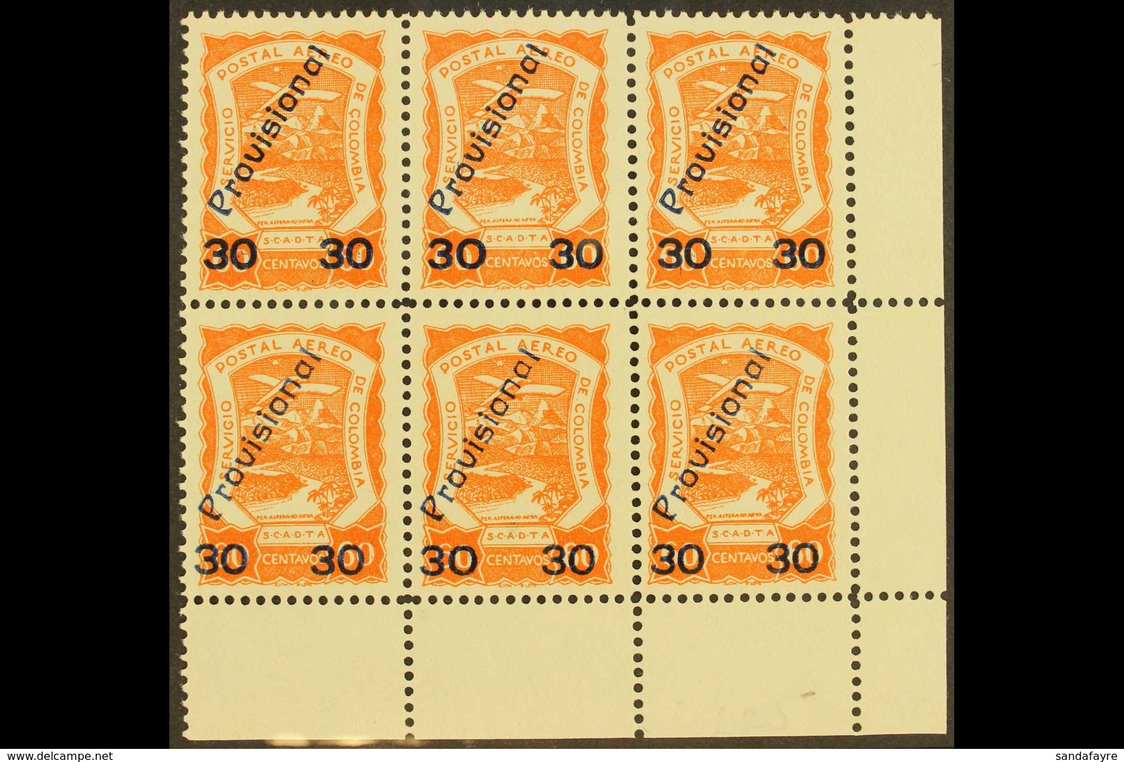 SCADTA 1923 30c On 60c Vermilion Surcharge (Scott C52, SG 53, Michel 42), Very Fine Unused No Gum Lower Right Corner BLO - Kolumbien