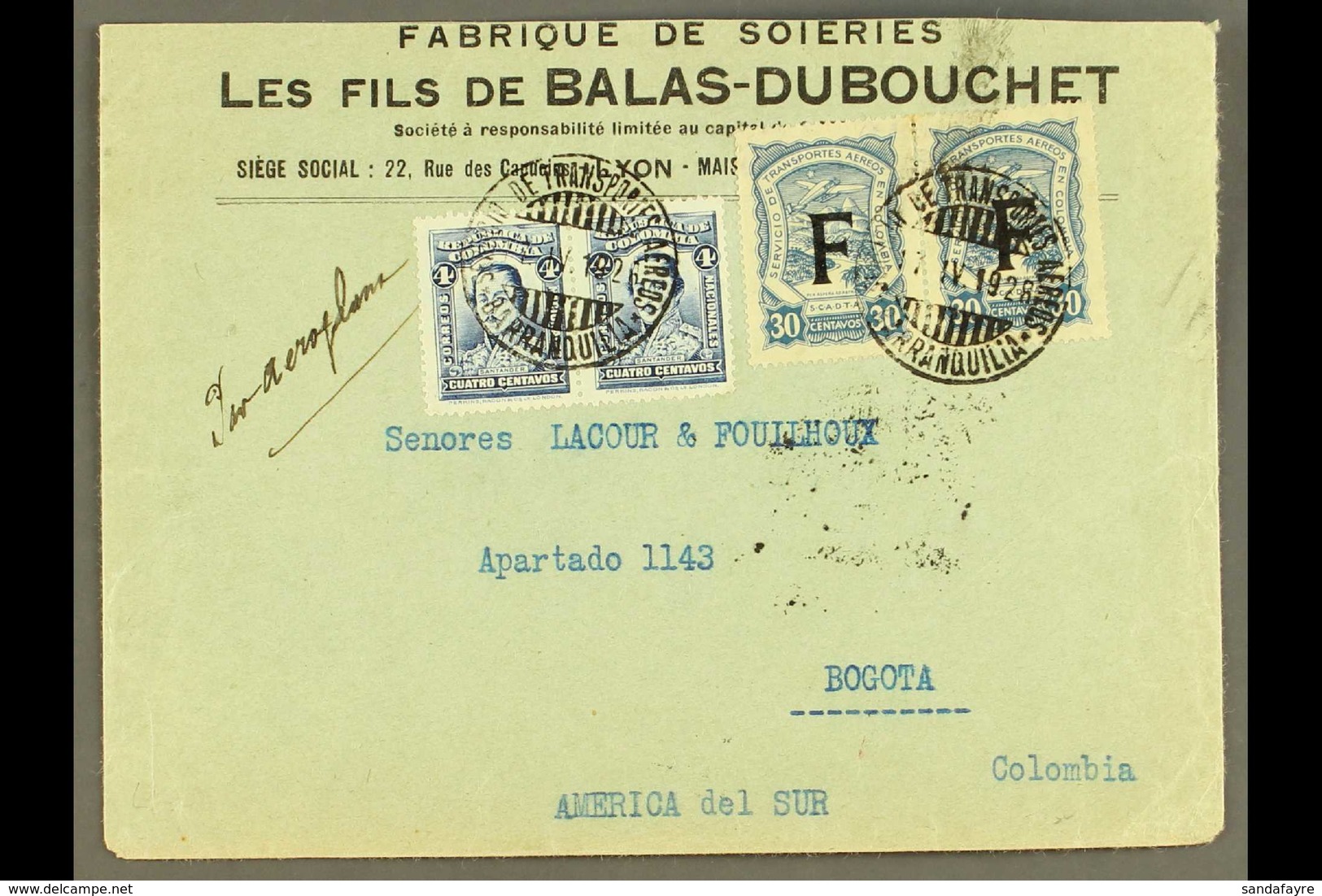 SCADTA 1923 Cover From France Addressed To Bogota, Bearing Colombia 4c (x2) And SCADTA 1923 30c Pair With "F" Consular O - Colombia