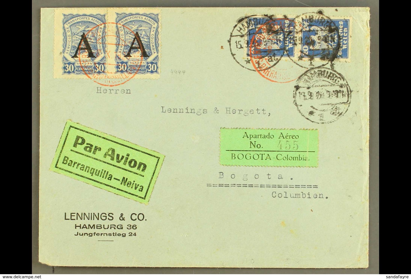 SCADTA 1925 (15 Sep) Cover From Germany Addressed To Bogota, Bearing Germany 20pf Pair Tied By "Hamburg" Cds's And SCADT - Kolumbien