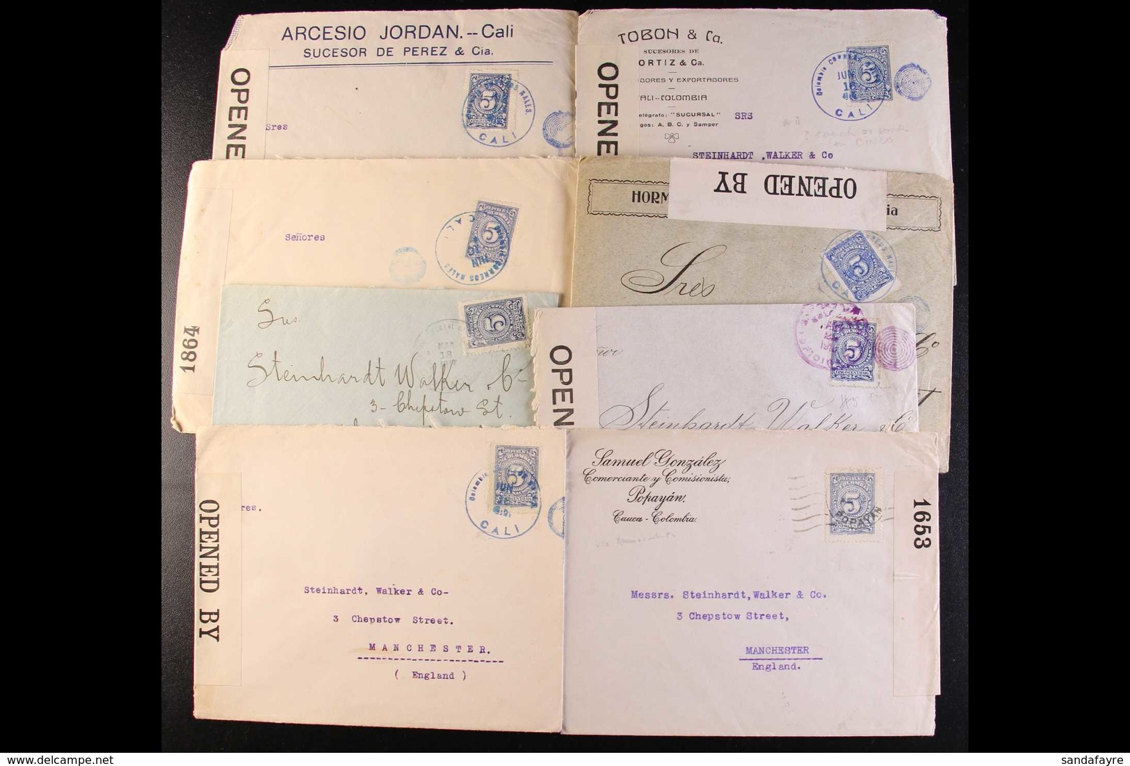 WORLD WAR ONE CENSORED COVERS 1916-17 Assembly All Bearing 5c Blue And Addressed To Manchester, From Various Senders Wit - Kolumbien
