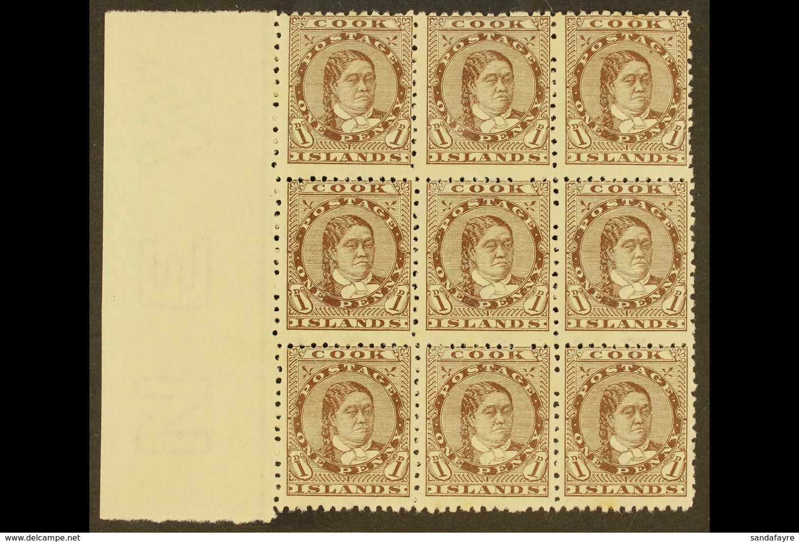 1893-1900 1d Brown Queen, SG 5, A Superb Left Marginal Block Of Nine, Fine Mint With Eight Being Never Hinged, Very Mino - Cookeilanden