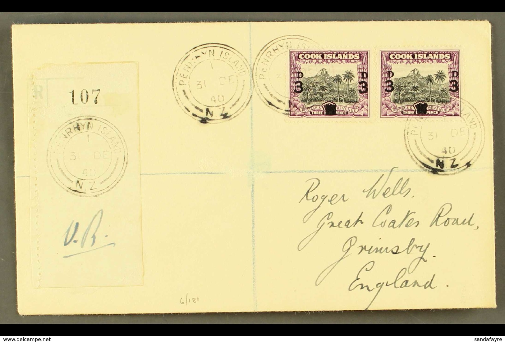 1940 3d On 1½d Black And Purple, SG 130, Horizontal Pair On Neat  "Wells" Envelope Registered PENRHYN ISLAND To England. - Cookeilanden