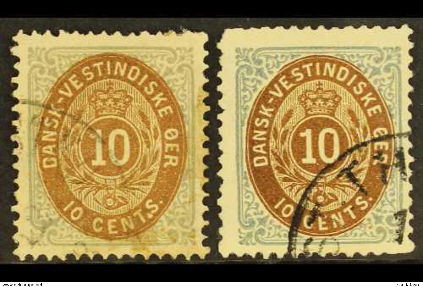 1873-1902 10c, Showing Varieties Dot Between T&S, Another Long Base Line Of E, Facit 10 V11 & 16,  Cds Used. (2) For Mor - Dänisch-Westindien