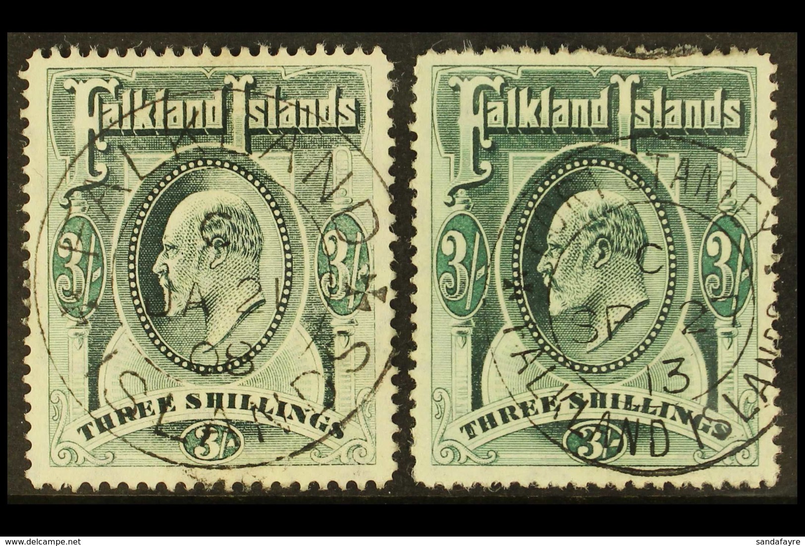 1904-12 3s Green & 3s Deep Green, SG 49/49b, Very Fine Used (2 Stamps) For More Images, Please Visit Http://www.sandafay - Falkland