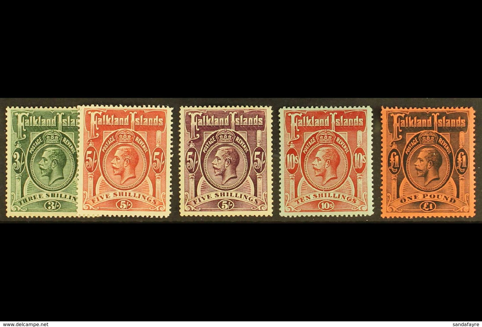 1912-20 3s To £1 Complete Including 5s Deep Rose- Red & 5s Maroon Shades, SG 66/69, Very Fine Mint (5 Stamps) For More I - Falklandeilanden