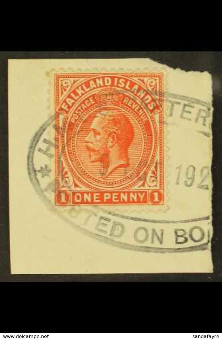 1921-8 1d Dull Vermilion, SG 74, Fine Used, Tied To Small Piece By Crisp Part "HMS Afterglow 9 Oct 192.. Posted On Board - Falkland