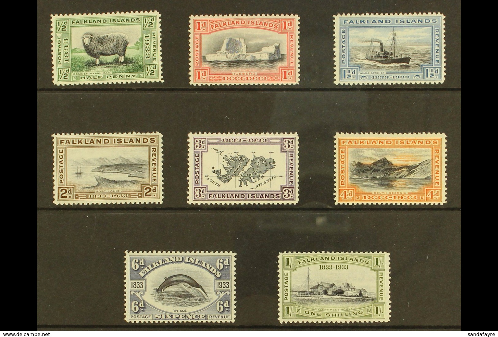 1933 Centenary Set Complete To 1s, SG 127/134, Fine Mint. (8 Stamps) For More Images, Please Visit Http://www.sandafayre - Falkland