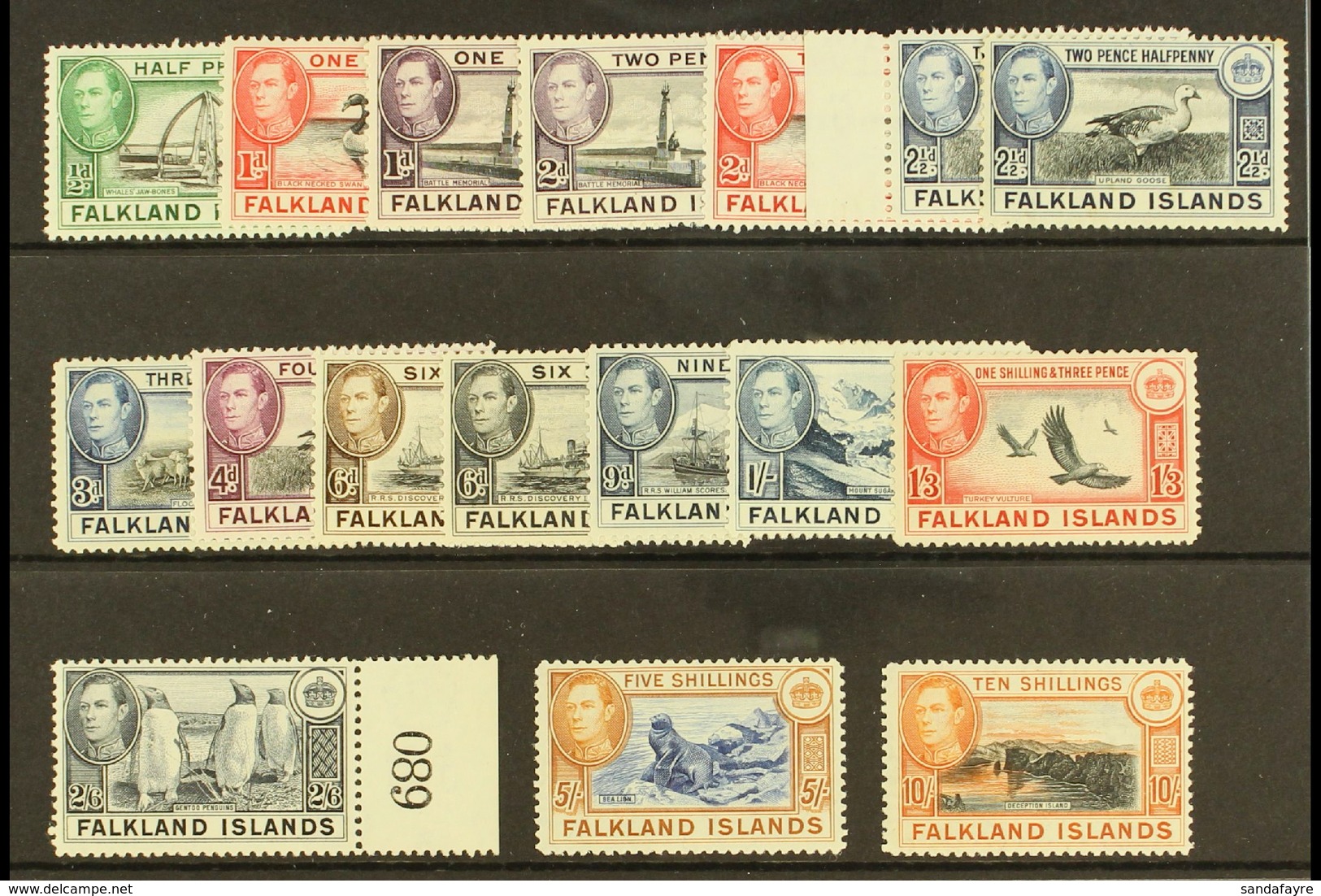 1938-50 Definitives Complete Basic Set From ½d To 10s, SG 146/162, Very Fine Mint, The 2s6d Is Never Hinged Mint Margina - Falkland