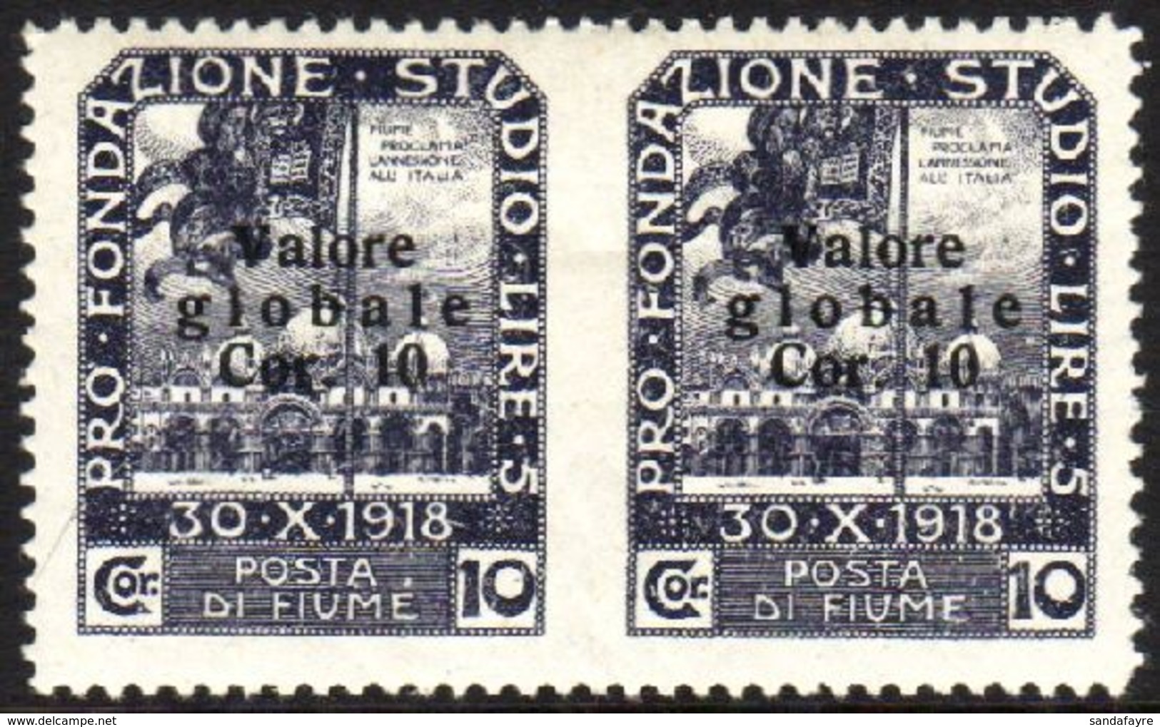1920 10cor On 10cor Slate-violet Ovptd "Valore Globale", Variety "HORIZONTAL PAIR IMPERF BETWEEN", Sass 111q, Fine Mint. - Fiume