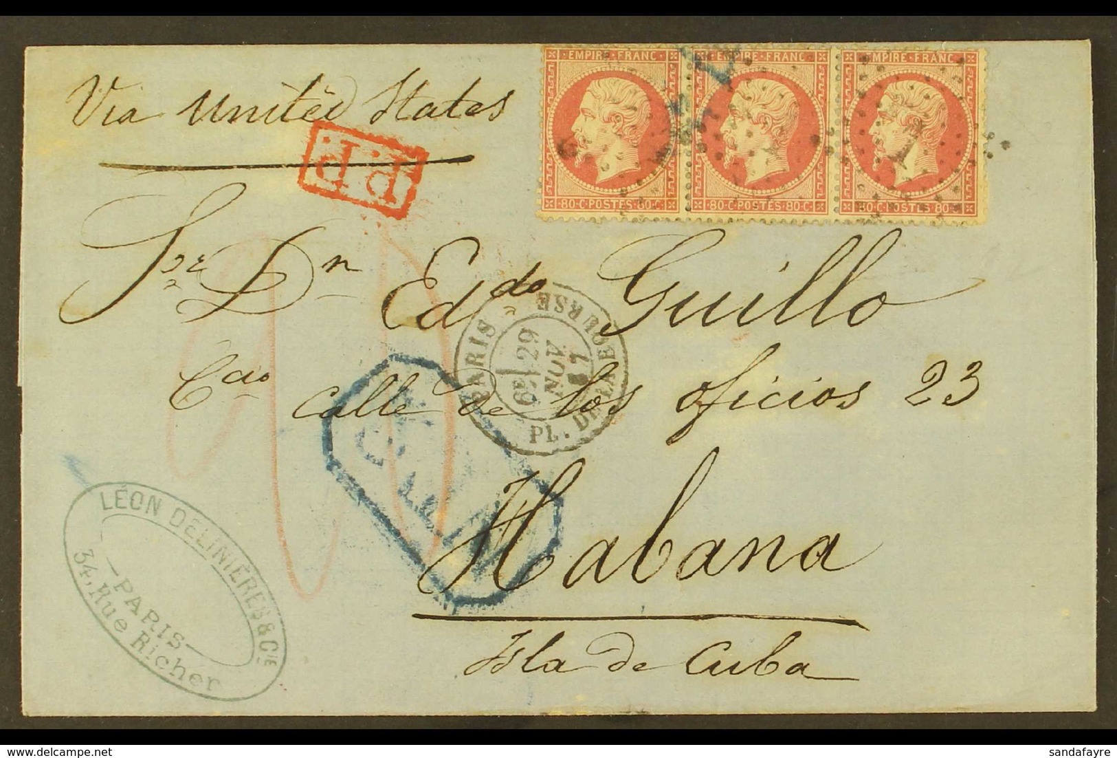 1867 (29 Nov) Entire Addressed To Cuba, Endorsed 'Via United States', Bearing 1862 80c Rose Napoleon SG 98 Horizontal ST - Sonstige & Ohne Zuordnung