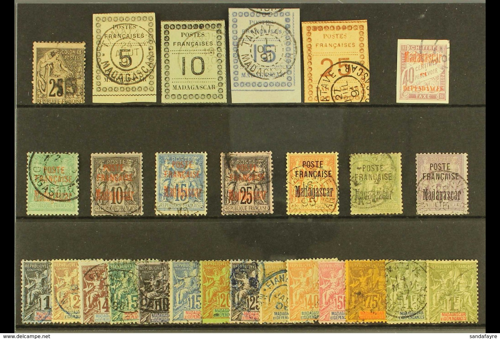 MADAGASCAR 19TH CENTURY USED SELECTION. Includes 1891 "15" On 25c, 1891 Imperf Set To 25c, 1895 Set To 40c, Plus 1f And  - Andere & Zonder Classificatie