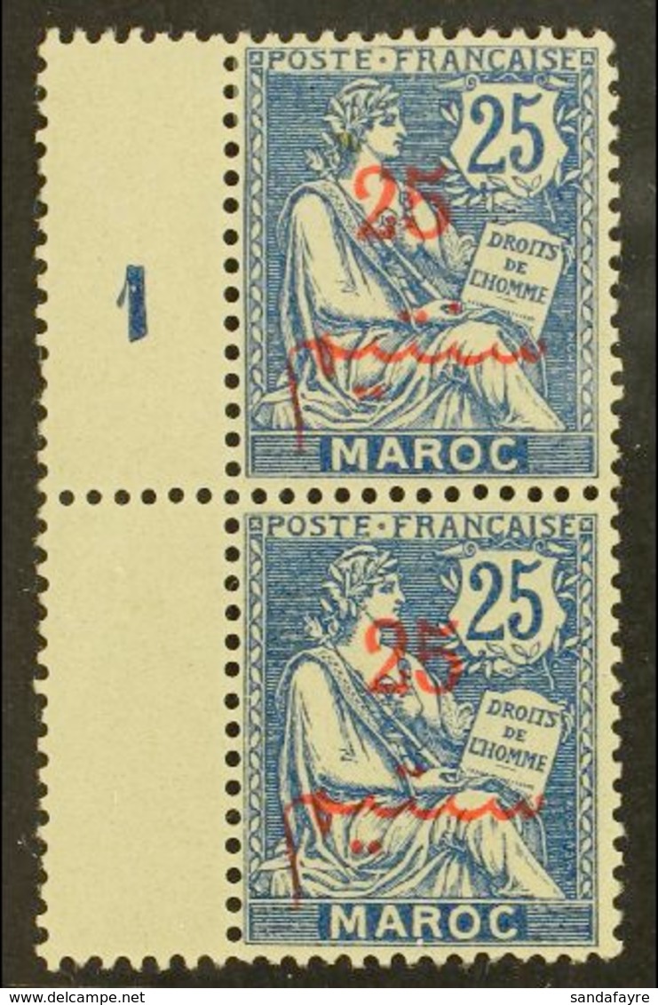 MOROCCO 1911-17 25c On 25c Blue, 2 Dots Instead Of 3, Yvert 32b (Maury 34a), In Very Fine Mint Vertical Pair With Normal - Sonstige & Ohne Zuordnung