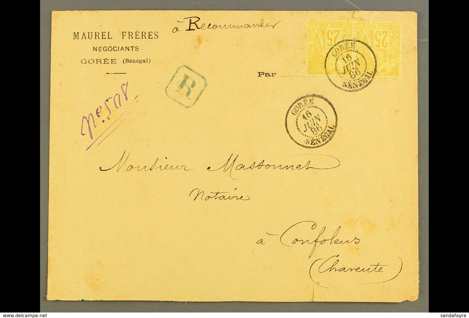 SENEGAL GOREE 1881 25c Yellow-bistre Of General Issues Horiz Pair, Maury 53, On Prtd Reg Cover To France Tied By Very Fi - Andere & Zonder Classificatie