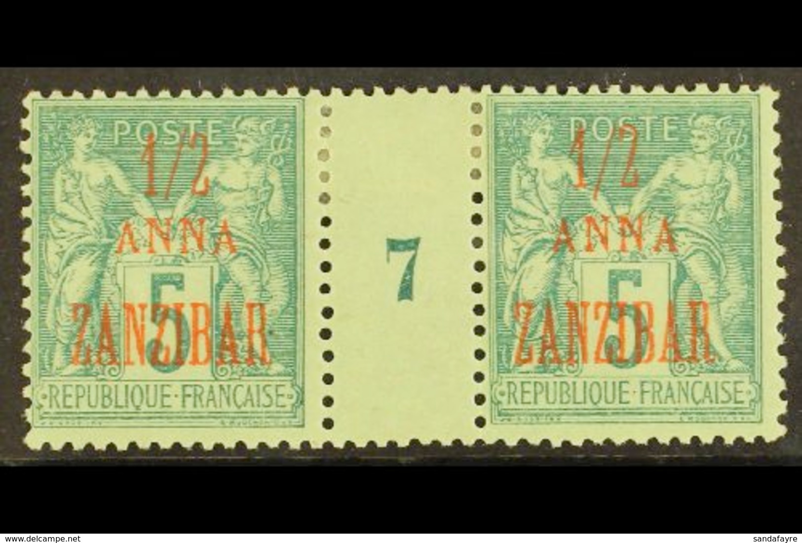 ZANZIBAR 1896-1900 ½a On 5c Green Type II (1897) MILLESIME (Number 7) PAIR, Yvert 17, Very Fine Mint For More Images, Pl - Andere & Zonder Classificatie