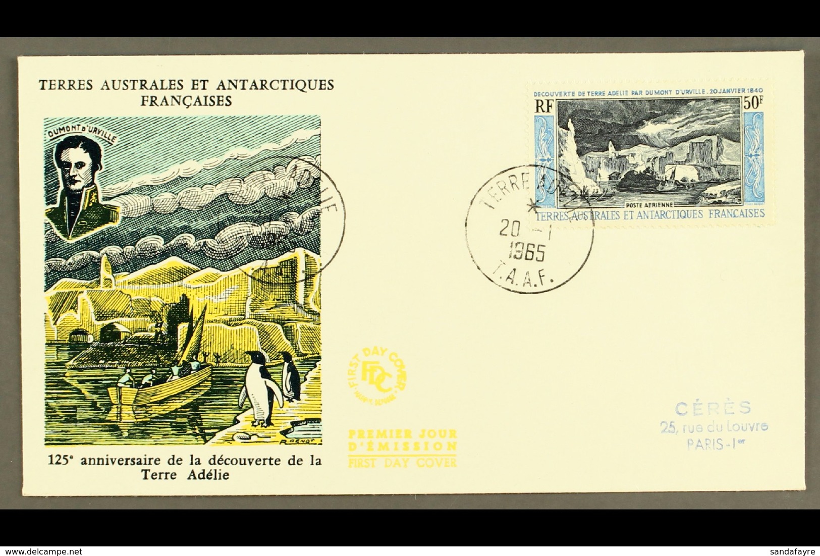 T.A.A.F. 1965 (20 Jan) 50f Dumont D'Urville Air Post (Yvert 8, SG 38) Illustrated FIRST DAY COVER. Very Fine. For More I - Other & Unclassified