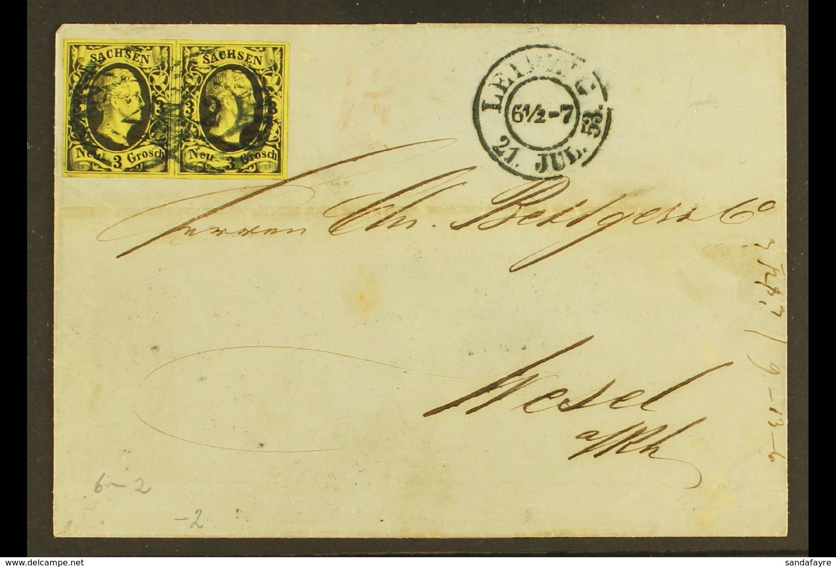 SAXONY 1853 (21st July) Folded Cover To Wesel From Leipzig Bearing Frederick 3Ng Pair (Mi 6) Bearing Berlin, Deutz & Lei - Other & Unclassified