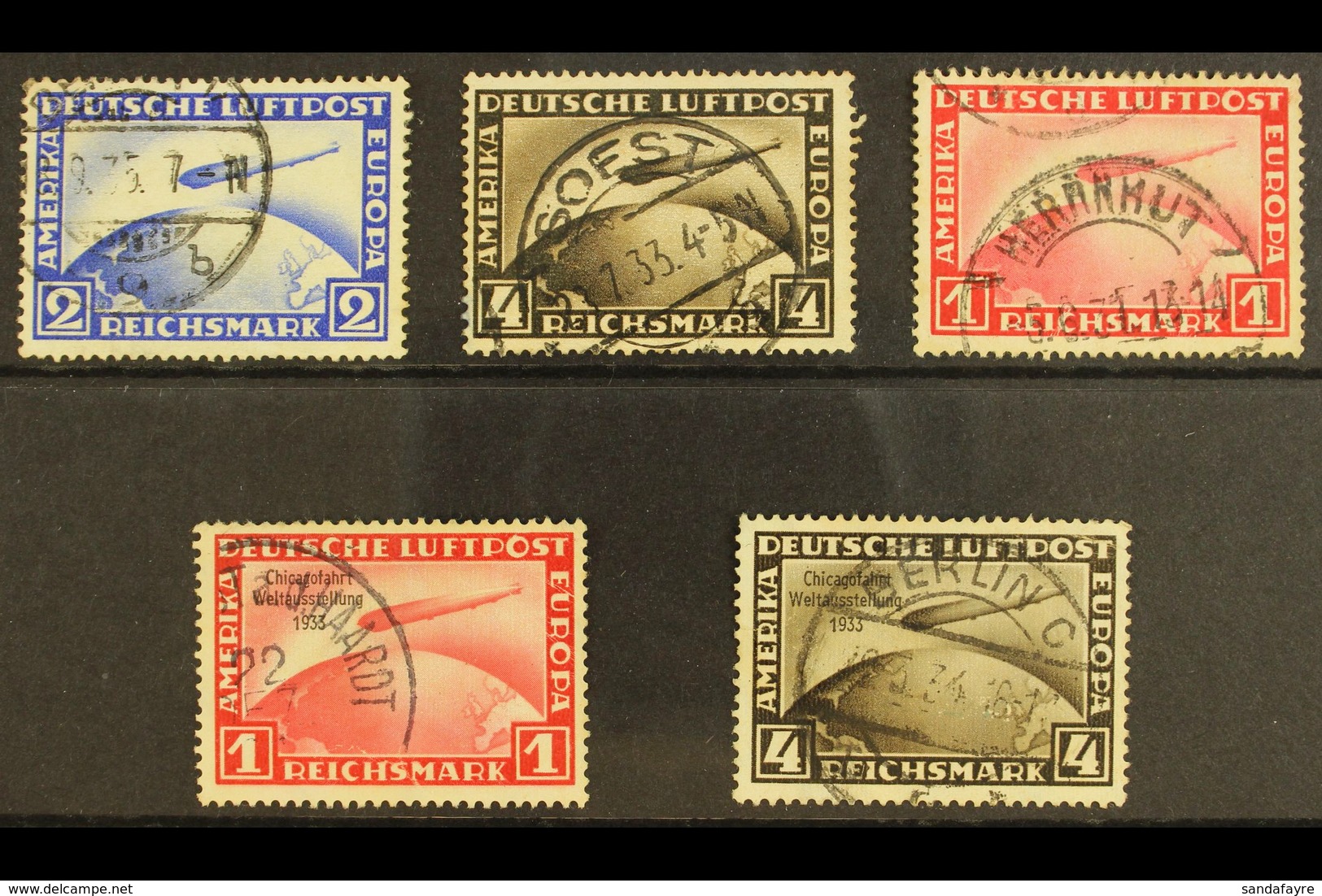 1928-33 ZEPPELIN USED GROUP On A Stock Card, Inc 1928 2m Blue & 4m Sepia, 1931 1m Carmine, 1933 Chicago Exhibition 1m Ca - Sonstige & Ohne Zuordnung