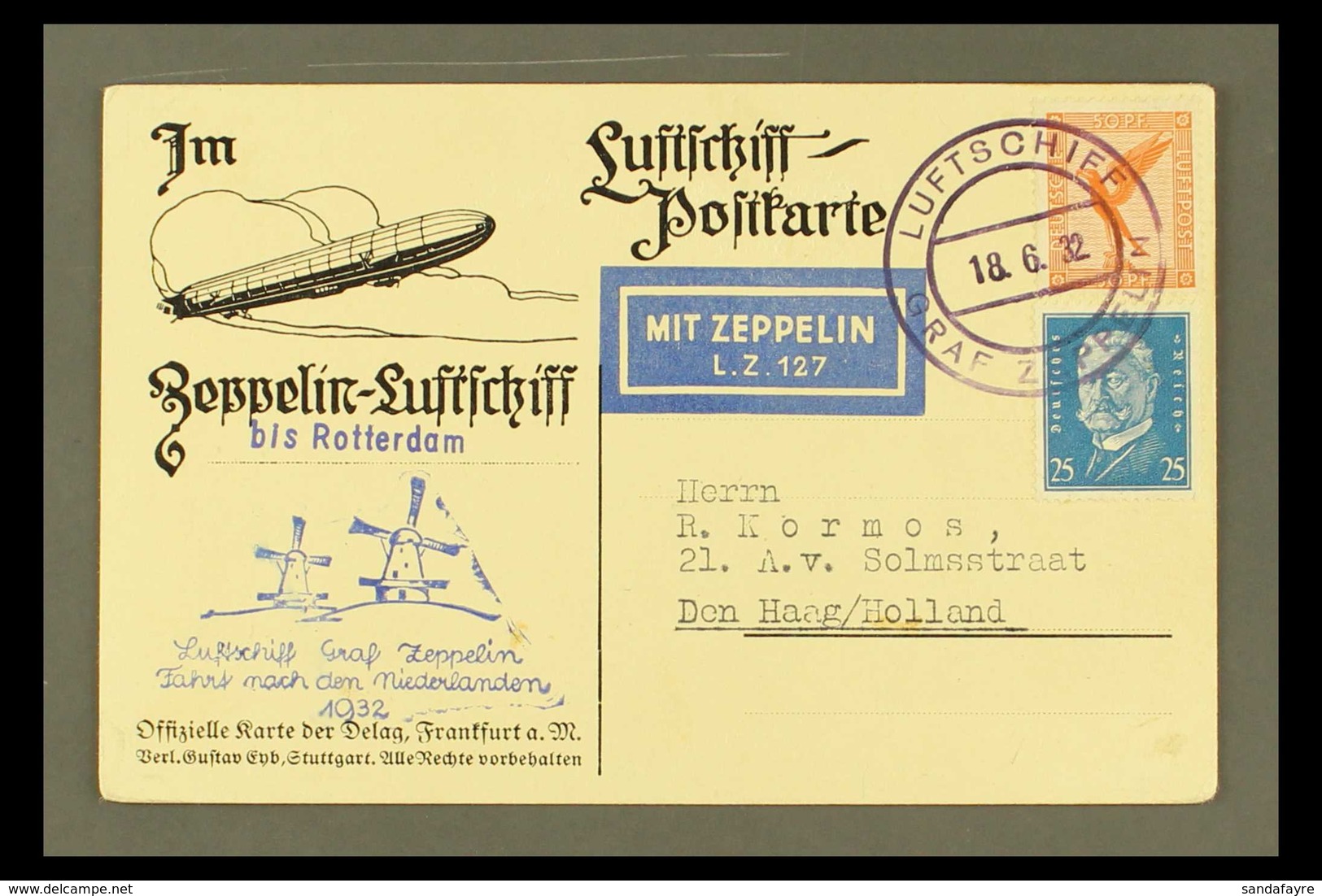 1932 GRAF ZEPPELIN CARD TO HOLLAND An Illustrated Ppc Showing On The Picture Side An Aerial View From The Airship Bearin - Sonstige & Ohne Zuordnung