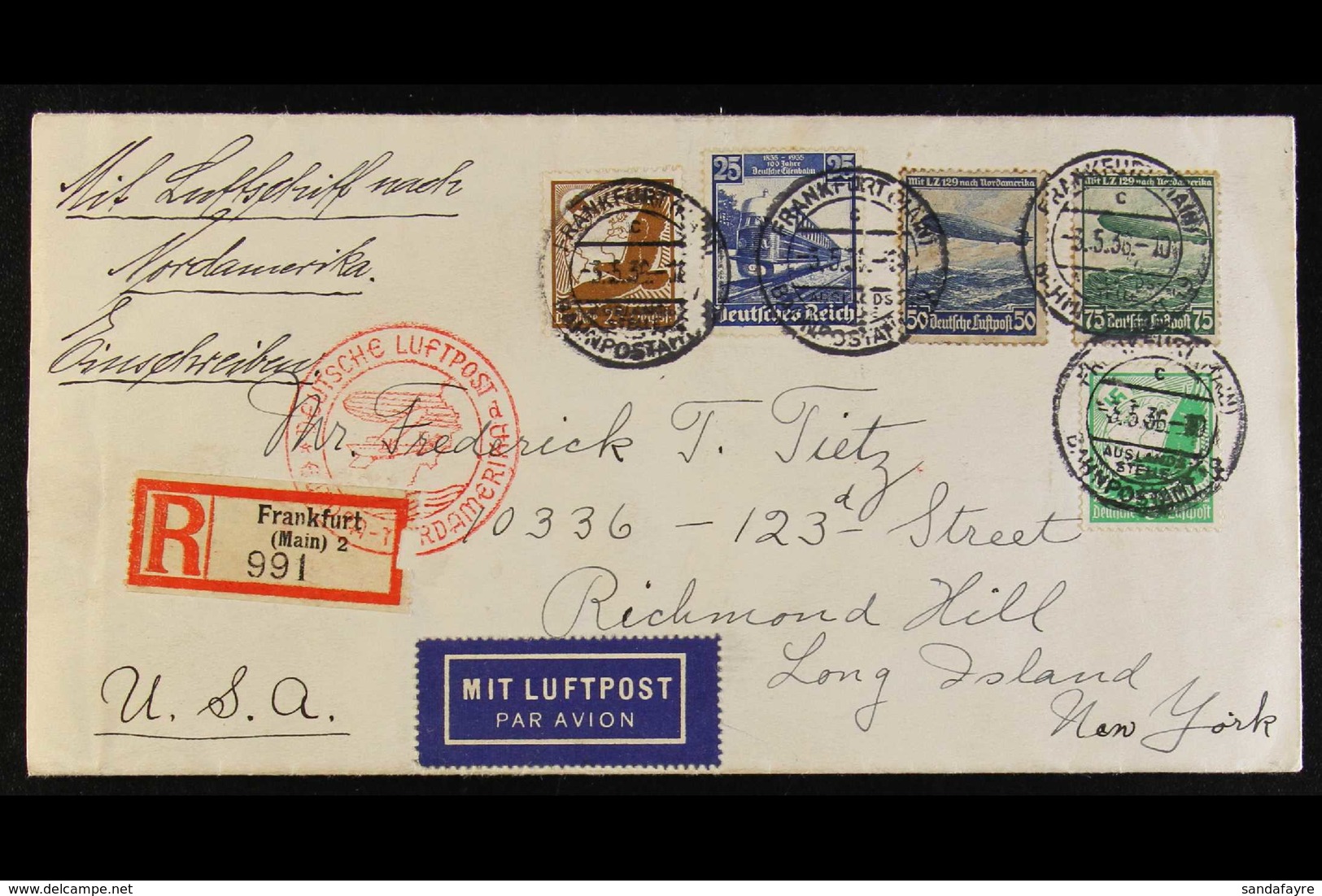 1936 AIRSHIP COVER Registered To New York And Bearing 50pf And 75pf Hindenburg Airs, 5pf And 25pf Airs, Plus 25pf Railwa - Andere & Zonder Classificatie