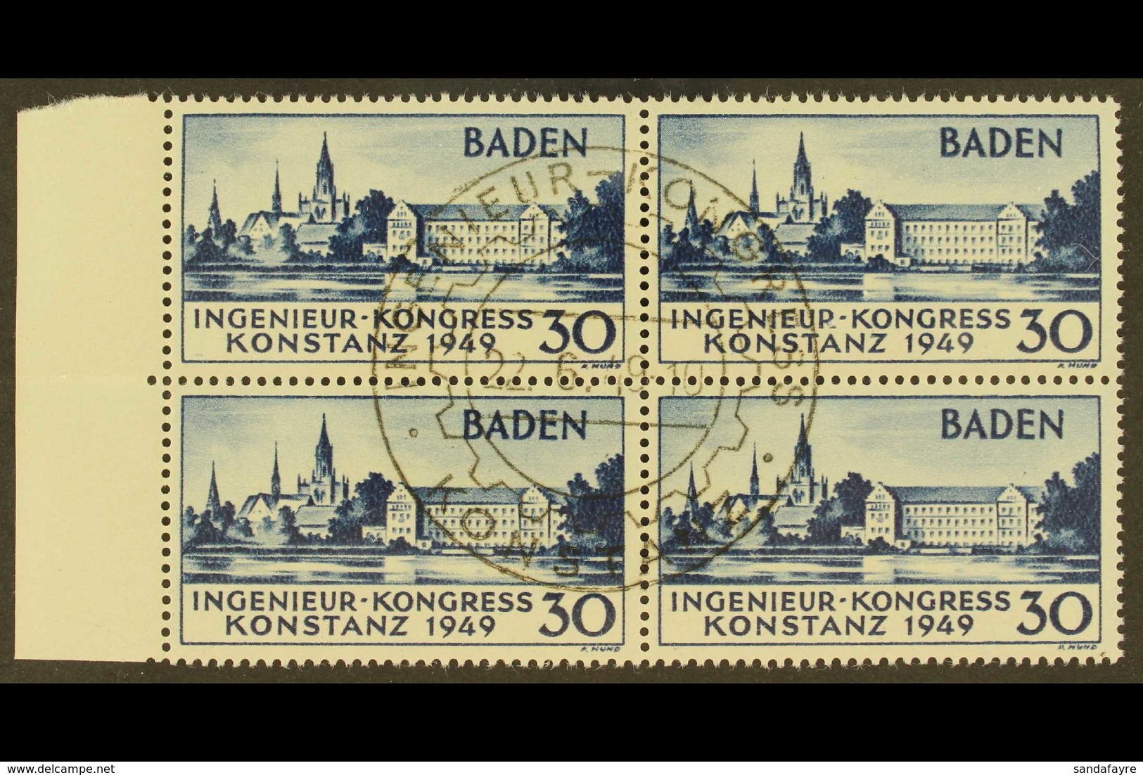 FRENCH ZONE BADEN 1949 30pf Blue Engineers' Congress (Michel 46 I, FB46), Superb Used Marginal BLOCK Of 4 With Central U - Other & Unclassified