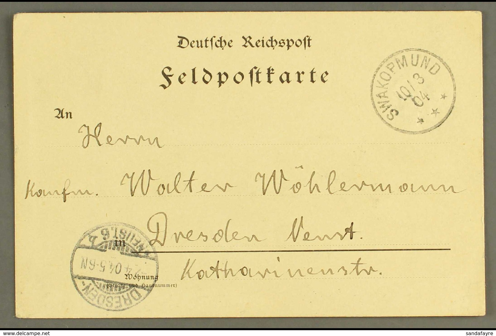 SOUTH WEST AFRICA 1904 (10 Mar) Printed Feldpost Card To Germany Showing Very Fine "SWAKOPMUND" Cds Postmark With Dresde - Andere & Zonder Classificatie